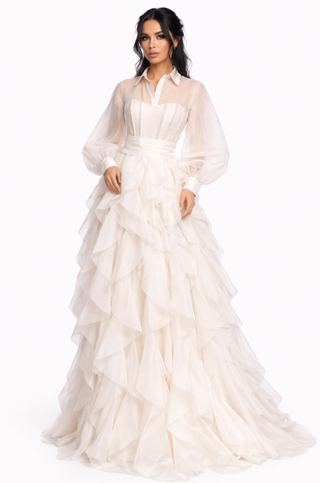 sheer long sleeve corset dress with layered ruffle skirt – IVORII