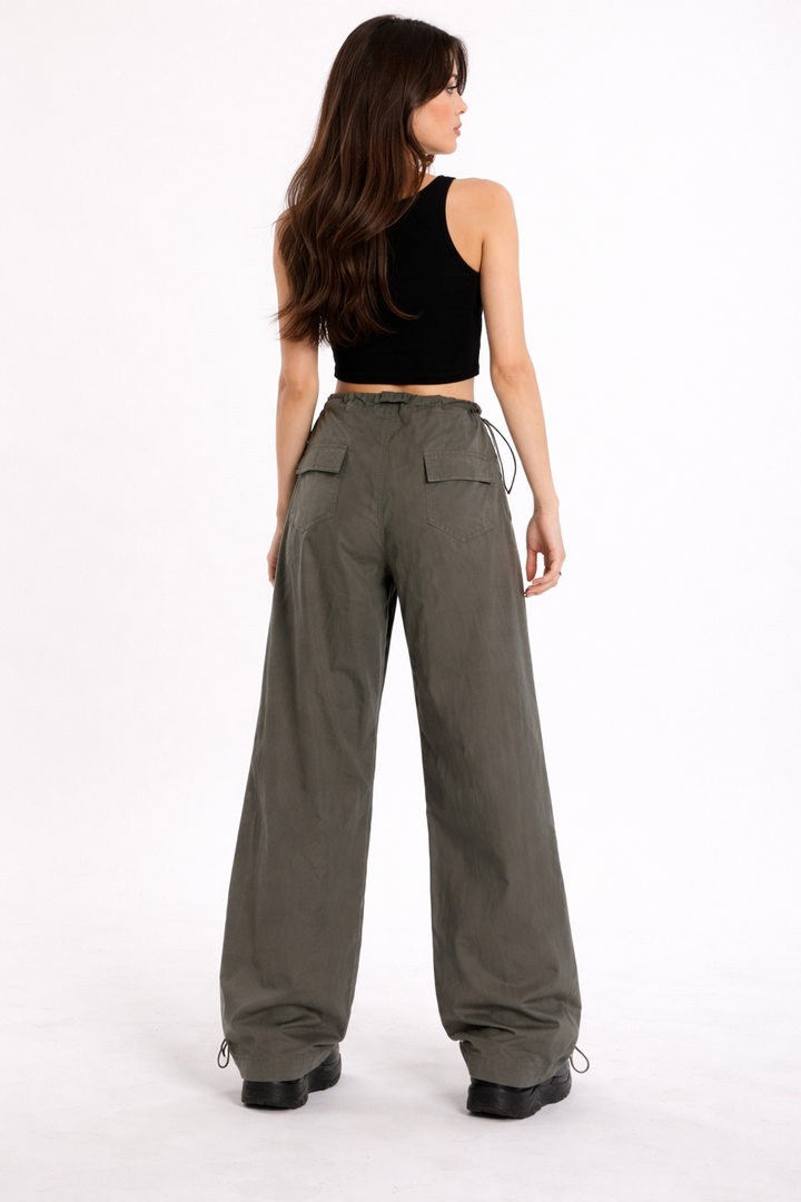 adjustable waist wide-leg cargo pants with layered panels – REXA