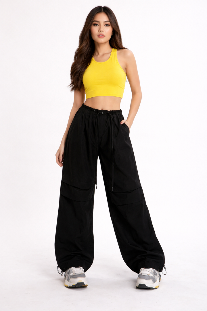 adjustable waist wide-leg cargo pants with layered panels – REXA