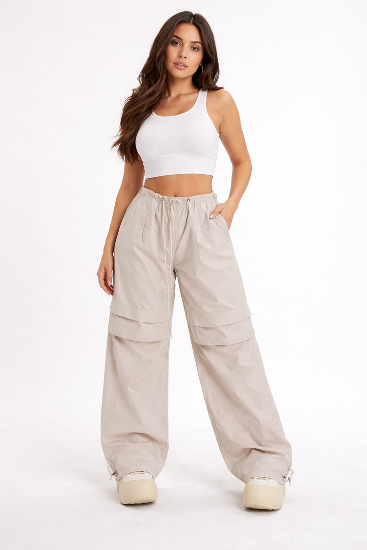 adjustable waist wide-leg cargo pants with layered panels – REXA