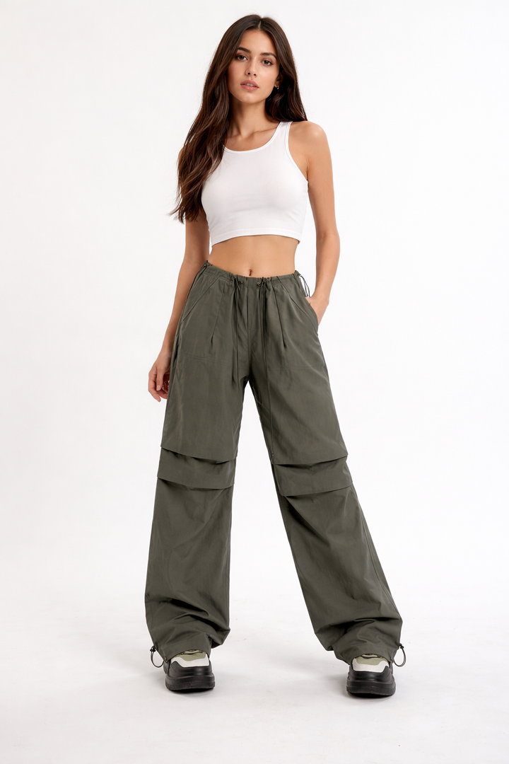 adjustable waist wide-leg cargo pants with layered panels – REXA
