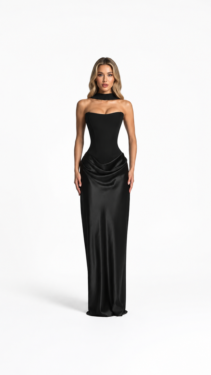 Black Corset Satin Maxi Dress – VARELLE