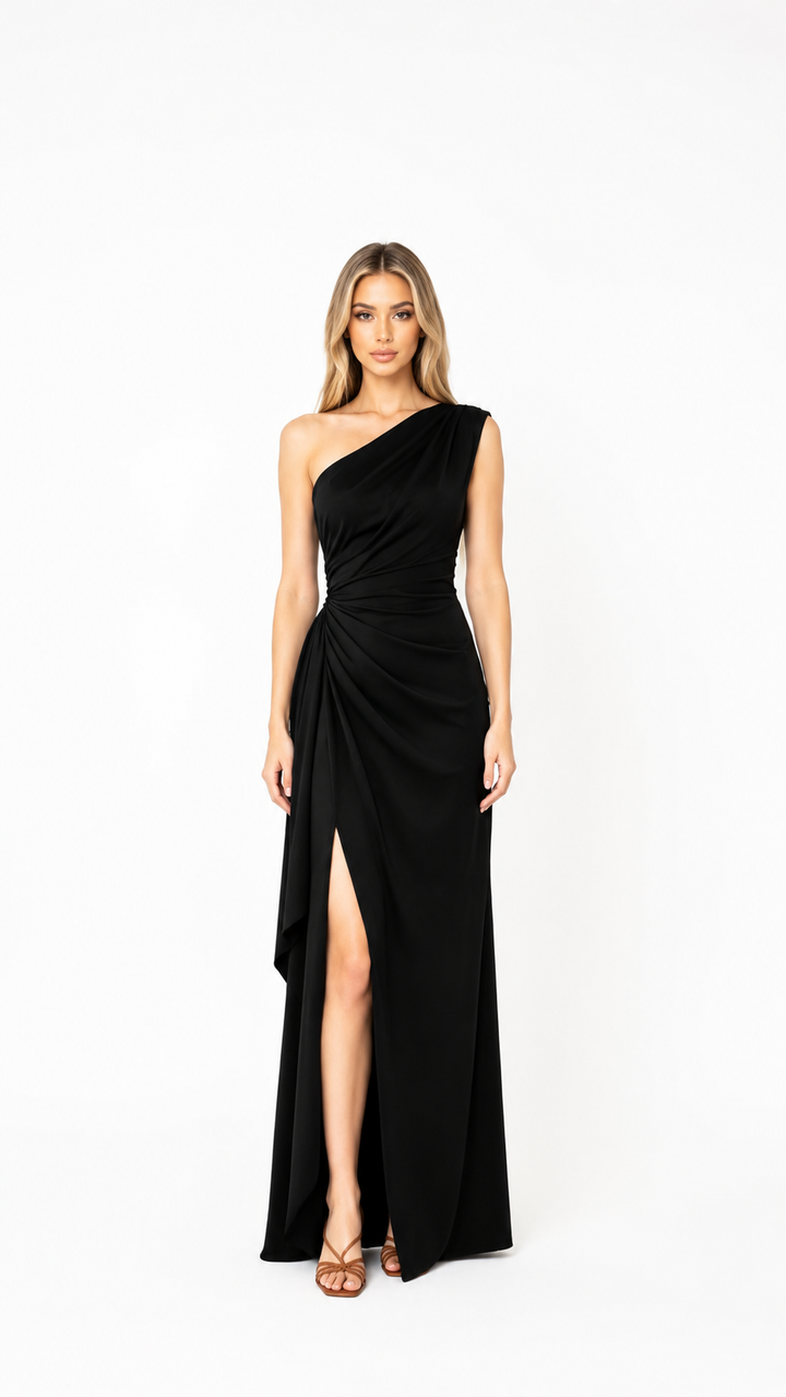 Black One-Shoulder Draped Maxi Dress – VELORA