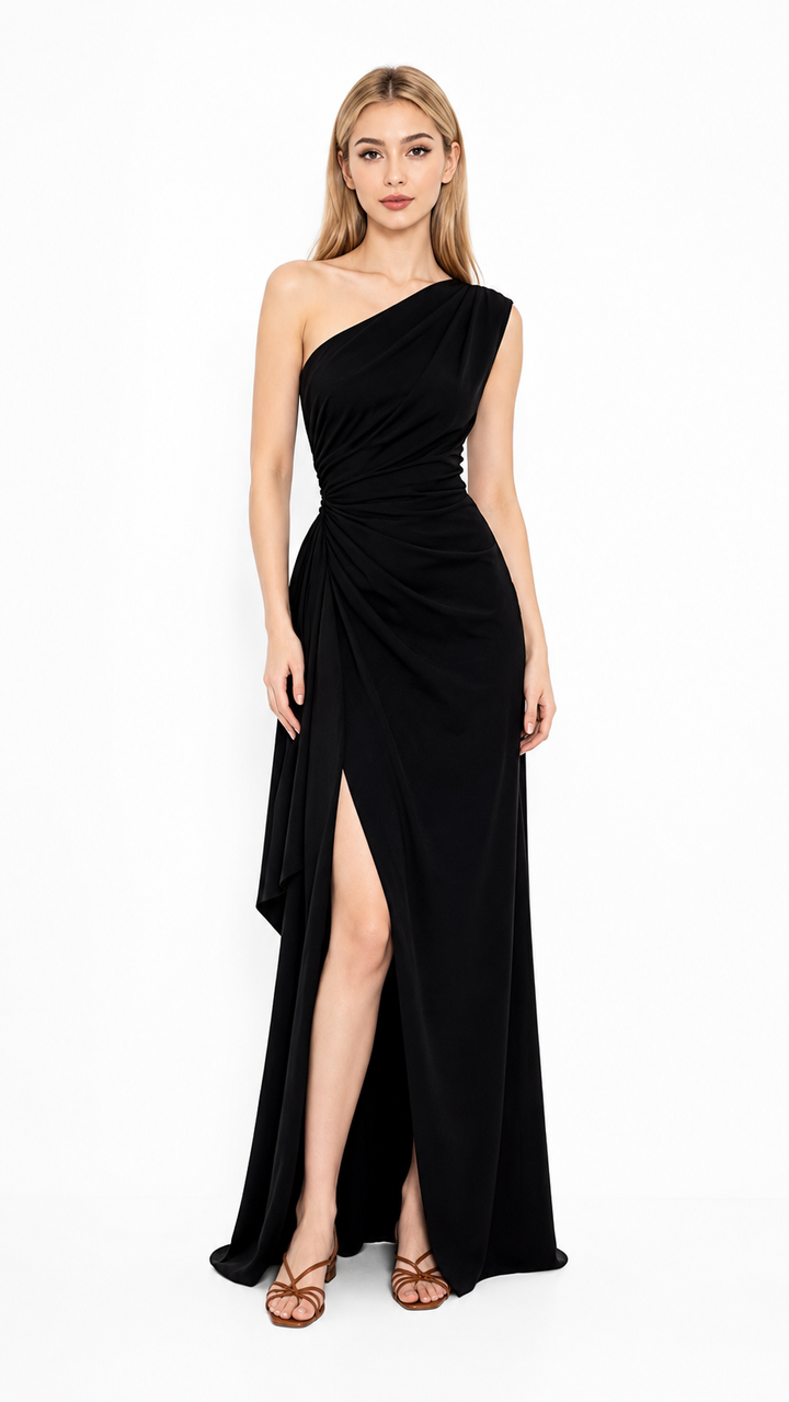 Black One-Shoulder Draped Maxi Dress – VELORA