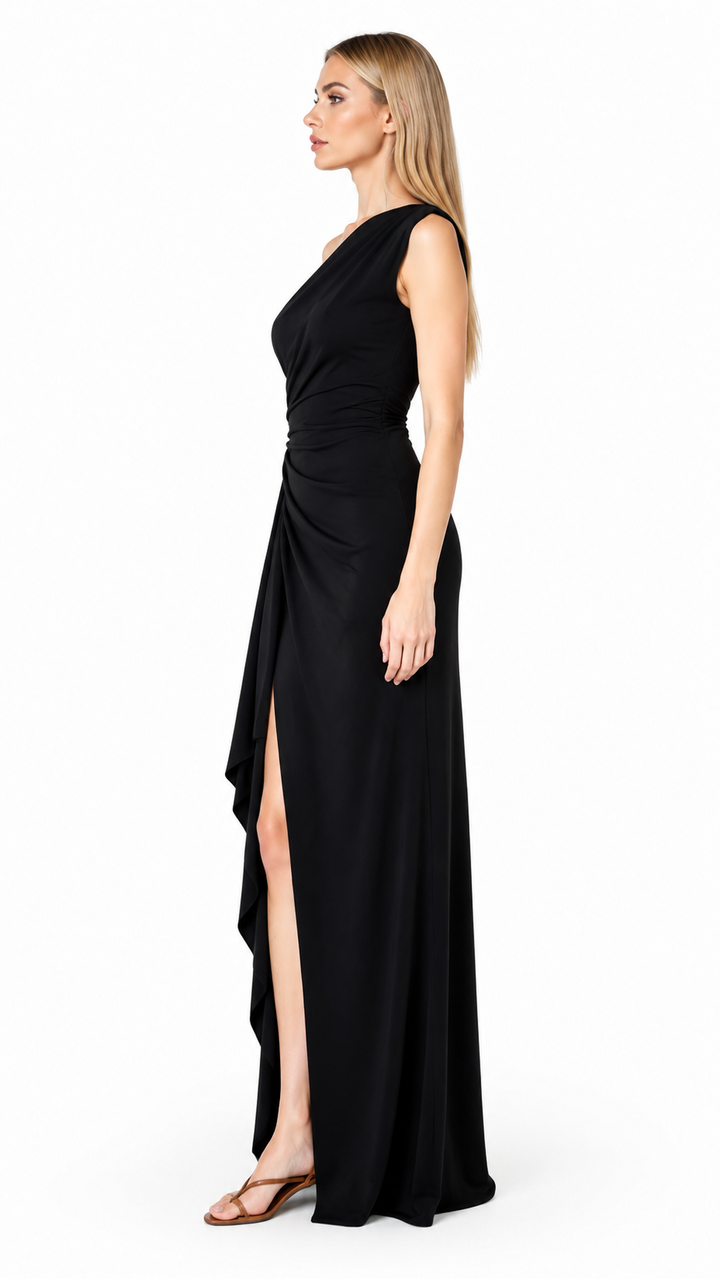 Black One-Shoulder Draped Maxi Dress – VELORA