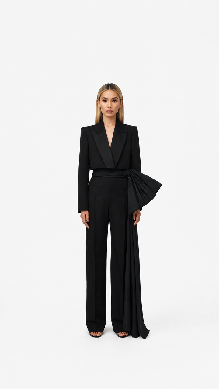 Black Draped Blazer & Wide-Leg Pants Set – ZAVÉRA
