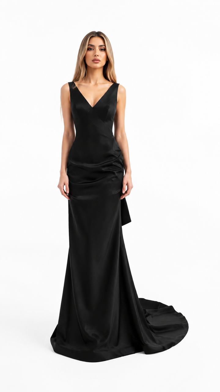 Black V-Neck Satin Maxi Dress – SELVÉRA