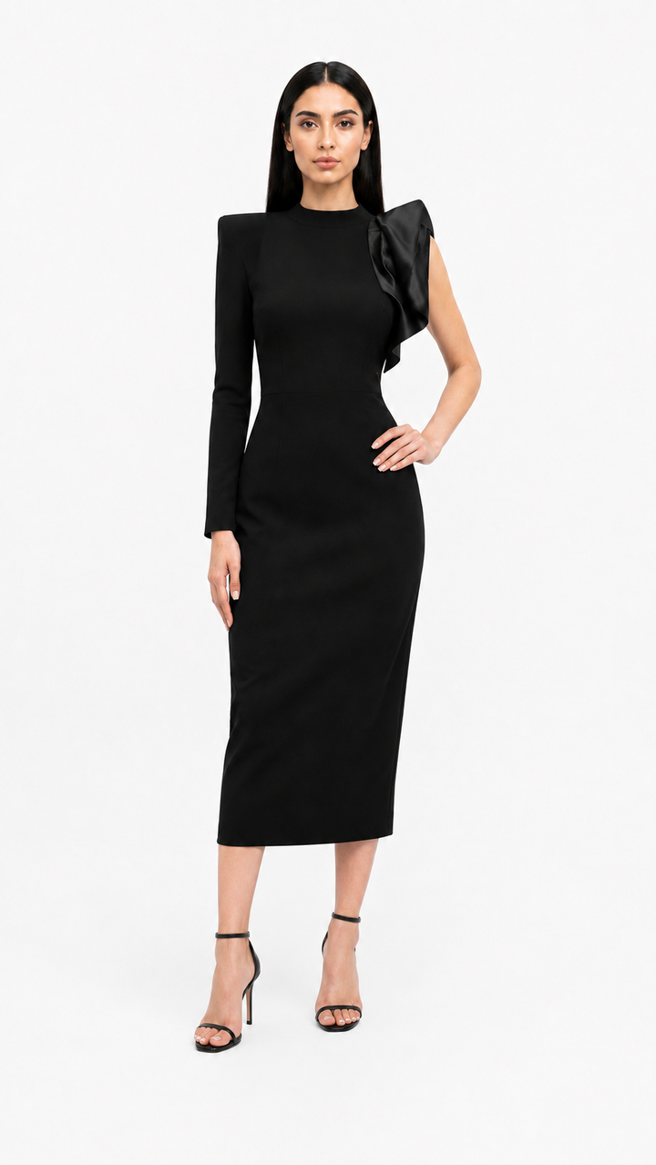 Black Asymmetric Sleeve Midi Dress – ZELVIA