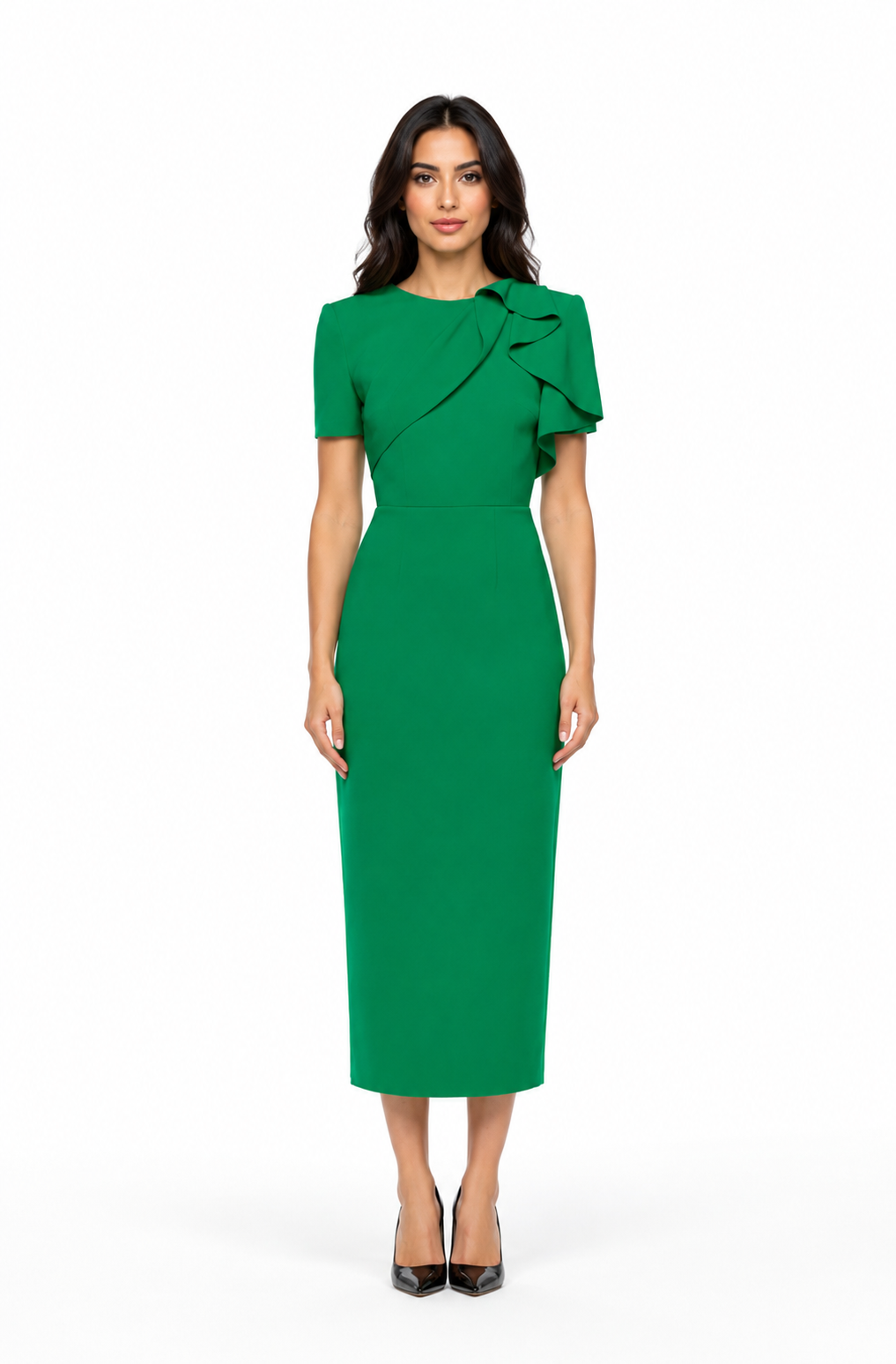 Ruffle Shoulder Midi Dress – EMERALD