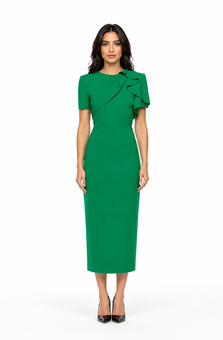 Ruffle Shoulder Midi Dress – EMERALD