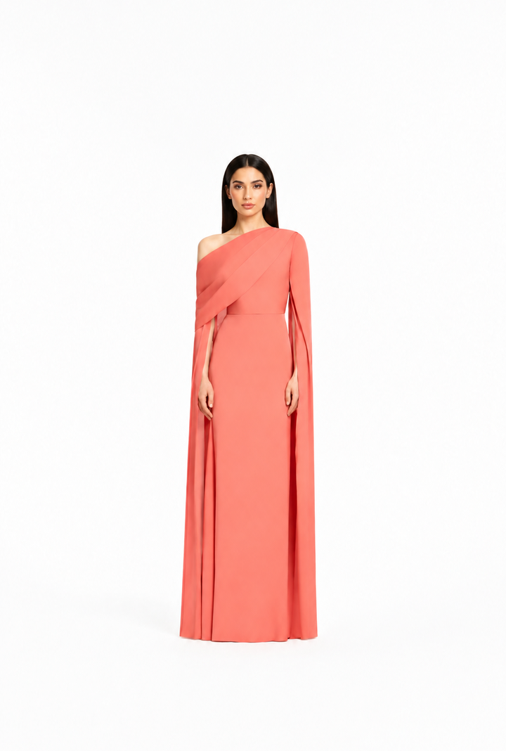 Coral One-Shoulder Cape Evening Dress – SERAYA