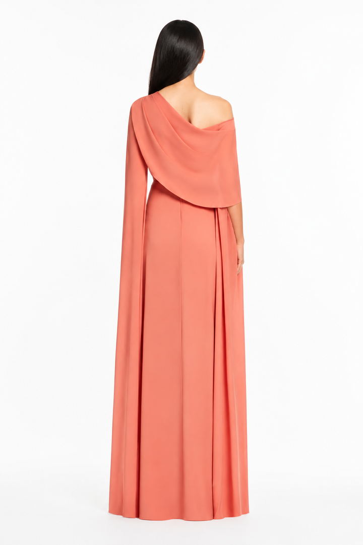 Coral One-Shoulder Cape Evening Dress – SERAYA