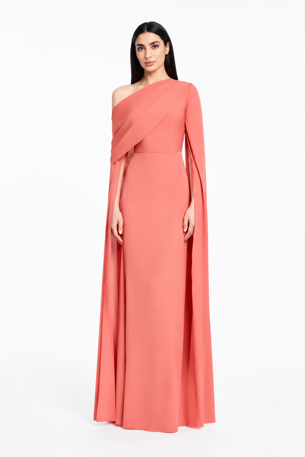 Coral One-Shoulder Cape Evening Dress – SERAYA