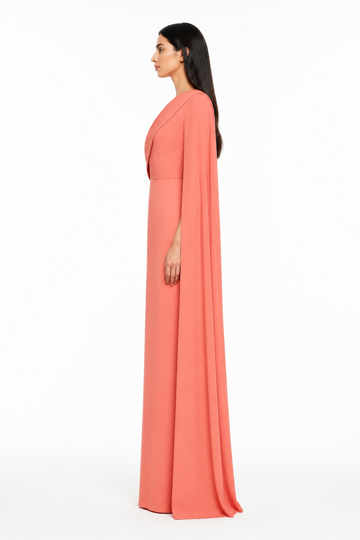 Coral One-Shoulder Cape Evening Dress – SERAYA