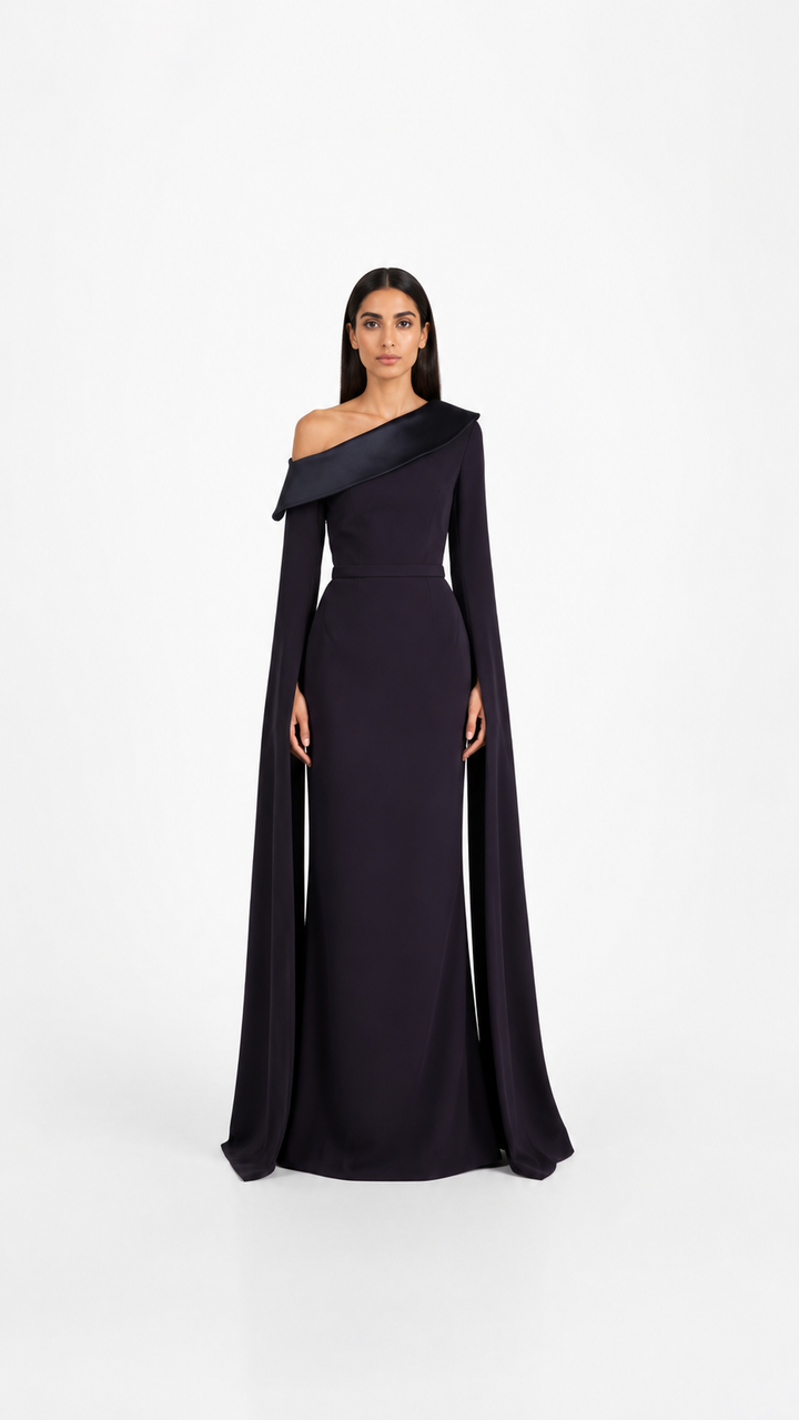 Navy Blue Off-Shoulder Cape Evening Dress – NOIREVA