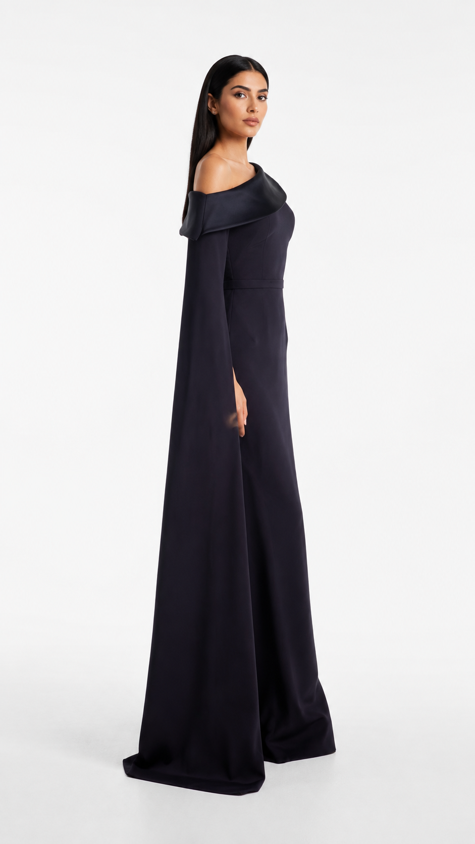 Navy Blue Off-Shoulder Cape Evening Dress – NOIREVA