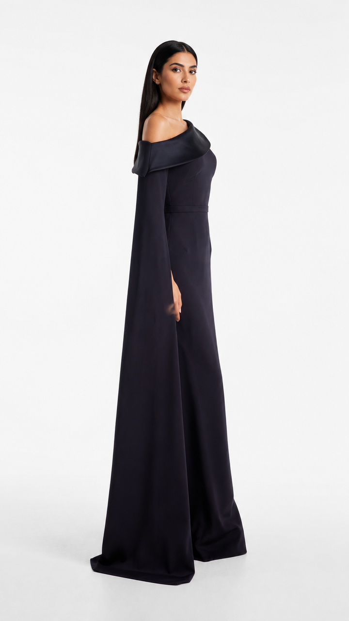 Navy Blue Off-Shoulder Cape Evening Dress – NOIREVA