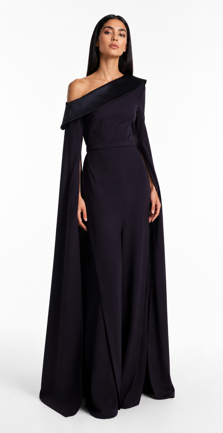 Navy Blue Off-Shoulder Cape Evening Dress – NOIREVA