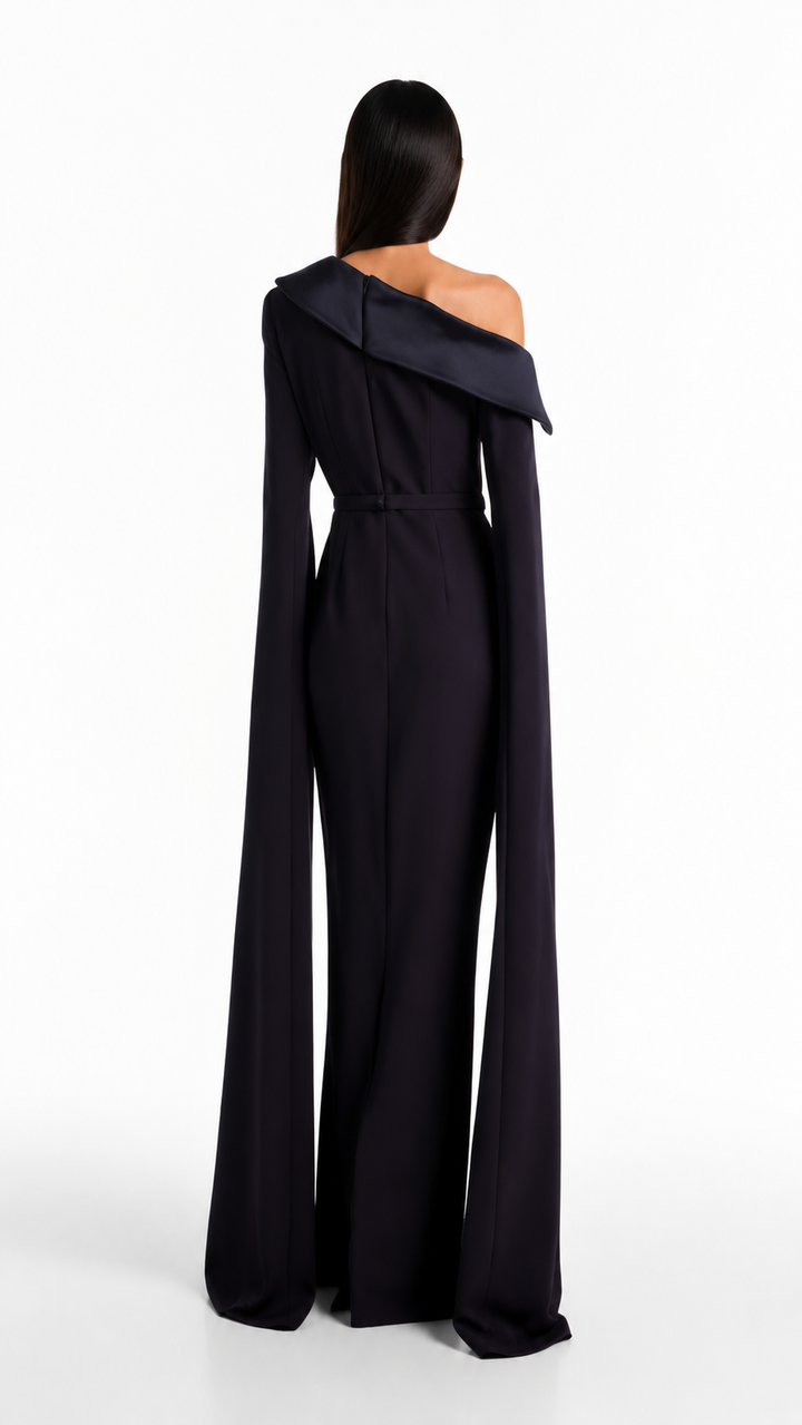 Navy Blue Off-Shoulder Cape Evening Dress – NOIREVA