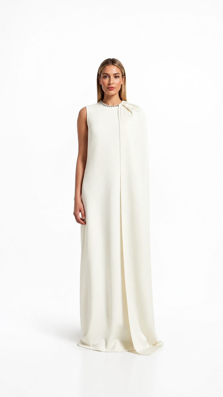 Ivory Crystal Neck Cape Evening Dress – AVÉLIA