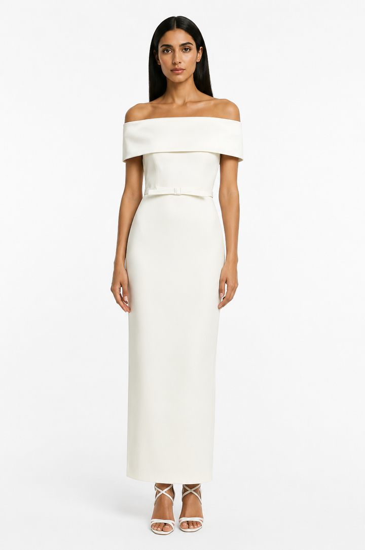 Ivory Off-Shoulder Belted Midi Dress – ÉLAVINE