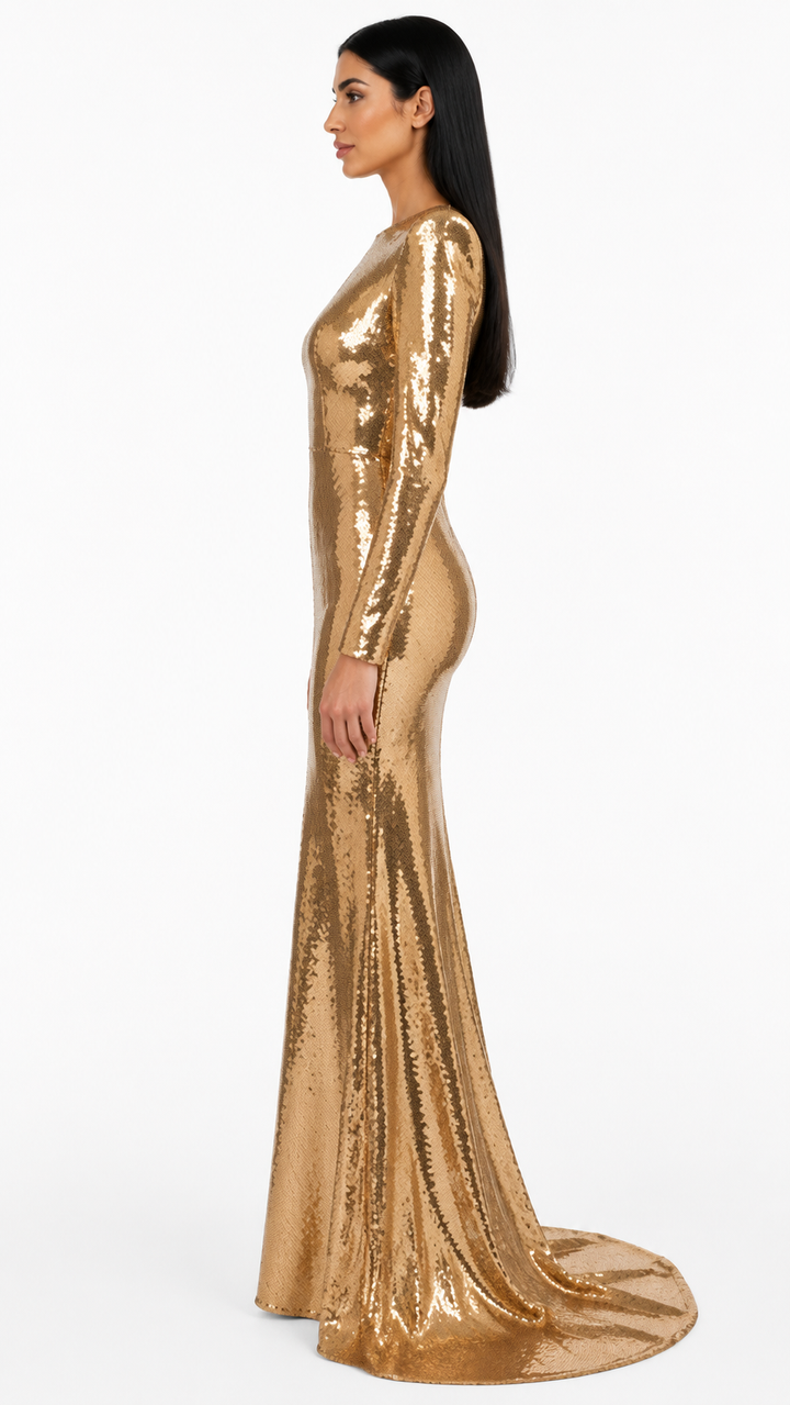 Gold Sequin Long Sleeve Evening Dress – ORLÉNA
