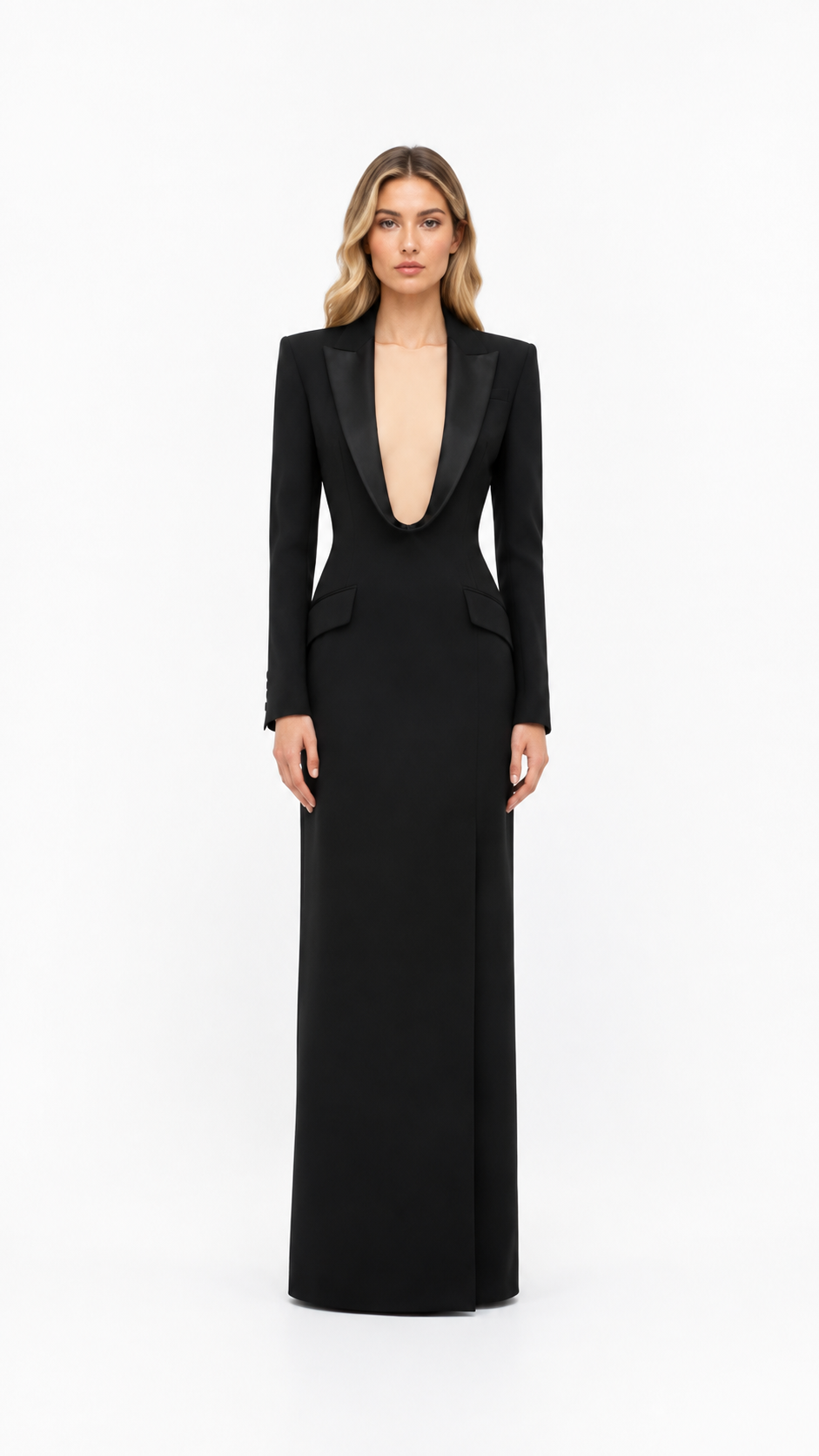 Black Tuxedo Plunge Neck Evening Dress – VALÉRIA