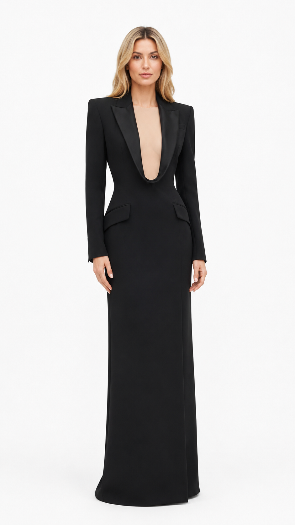 Black Tuxedo Plunge Neck Evening Dress – VALÉRIA