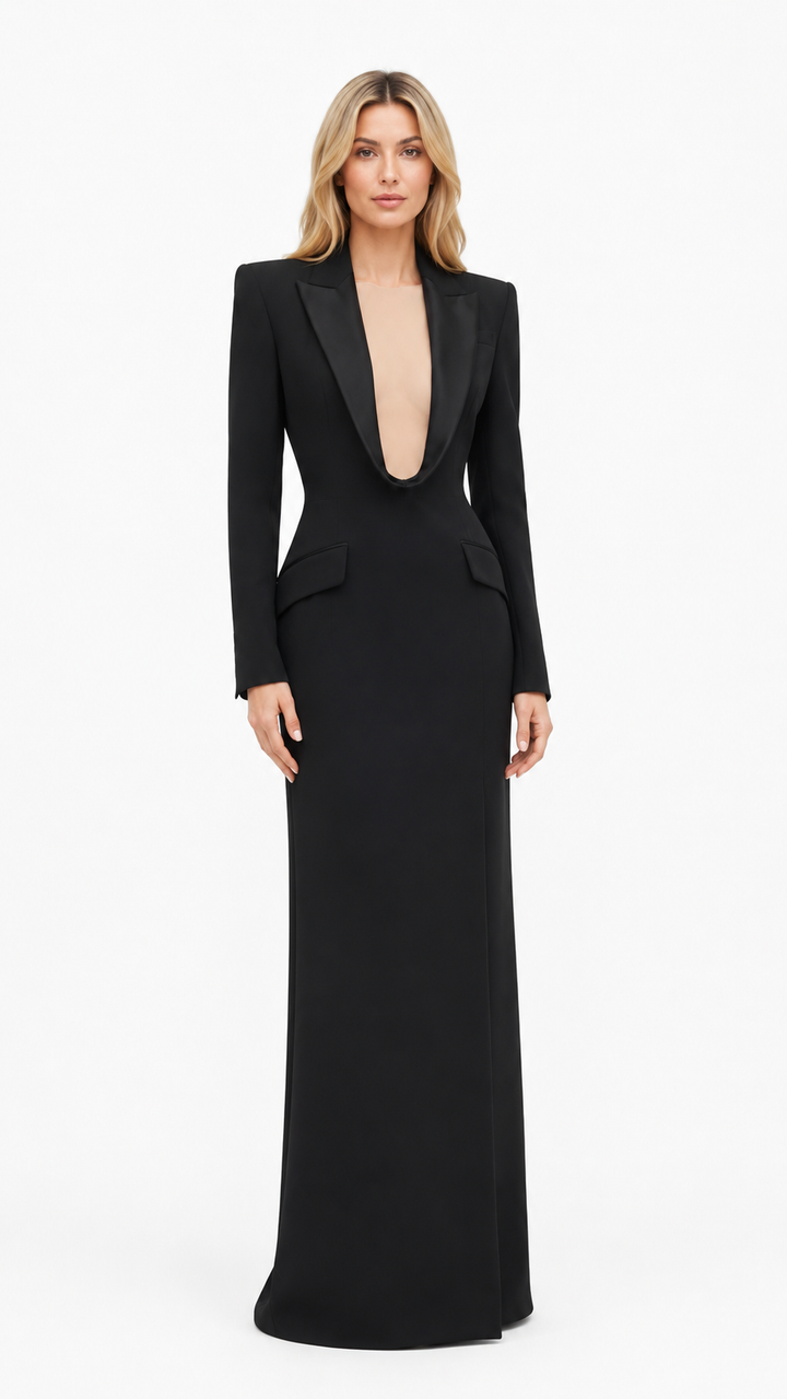 Black Tuxedo Plunge Neck Evening Dress – VALÉRIA