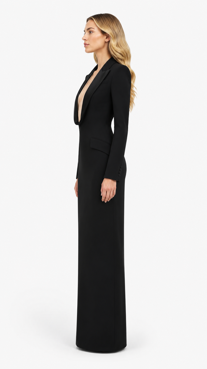 Black Tuxedo Plunge Neck Evening Dress – VALÉRIA