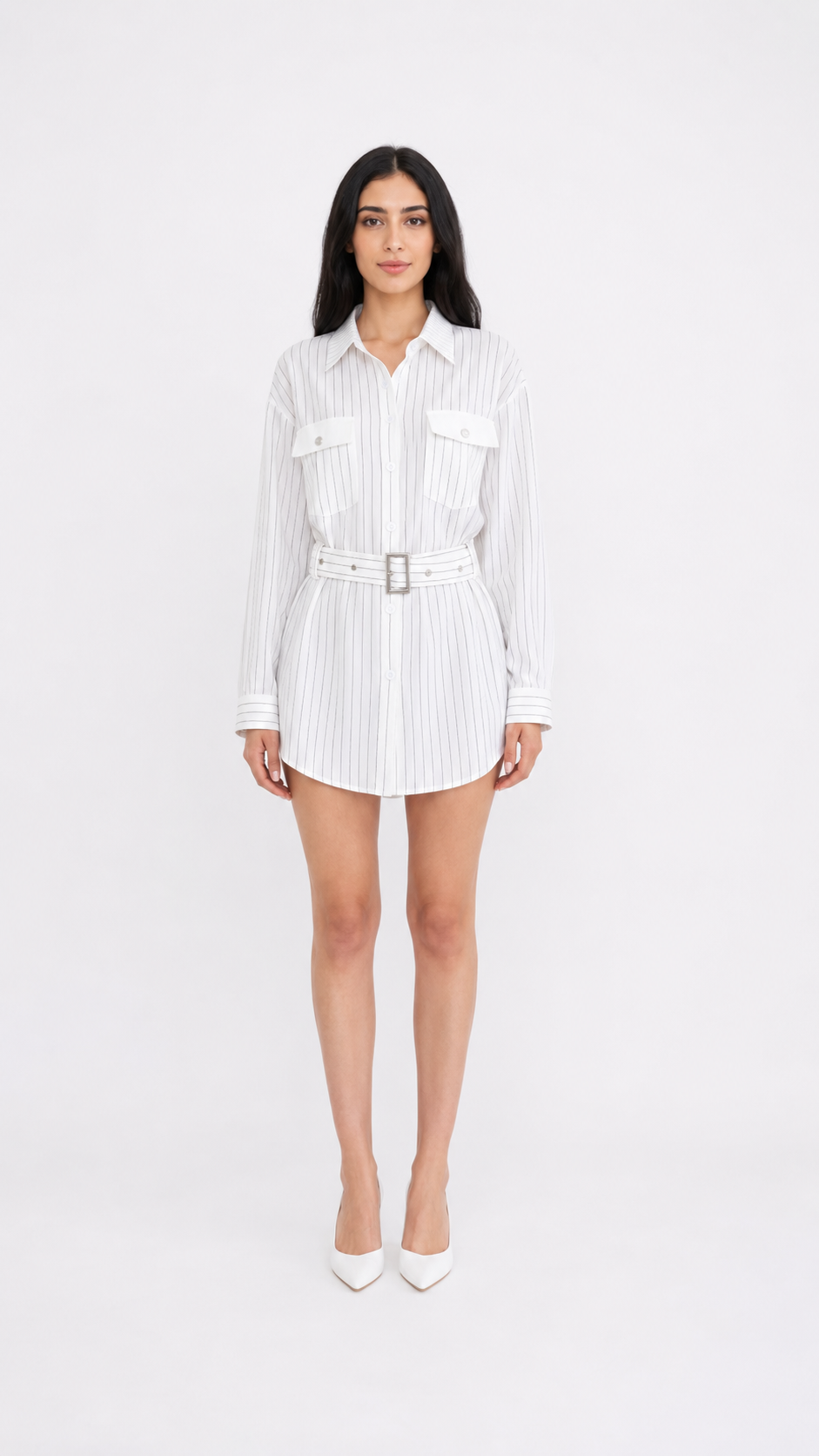 White Pinstripe Belted Shirt – SIENNA