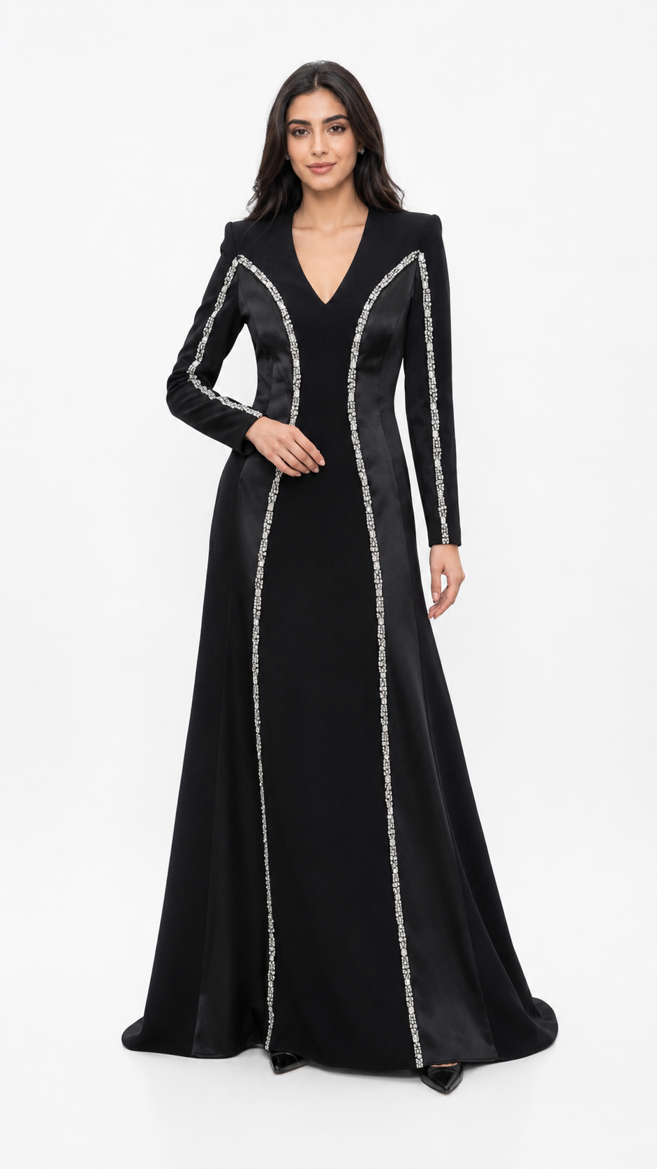 Black Crystal Trim V-Neck Mermaid Evening Dress – VIRE
