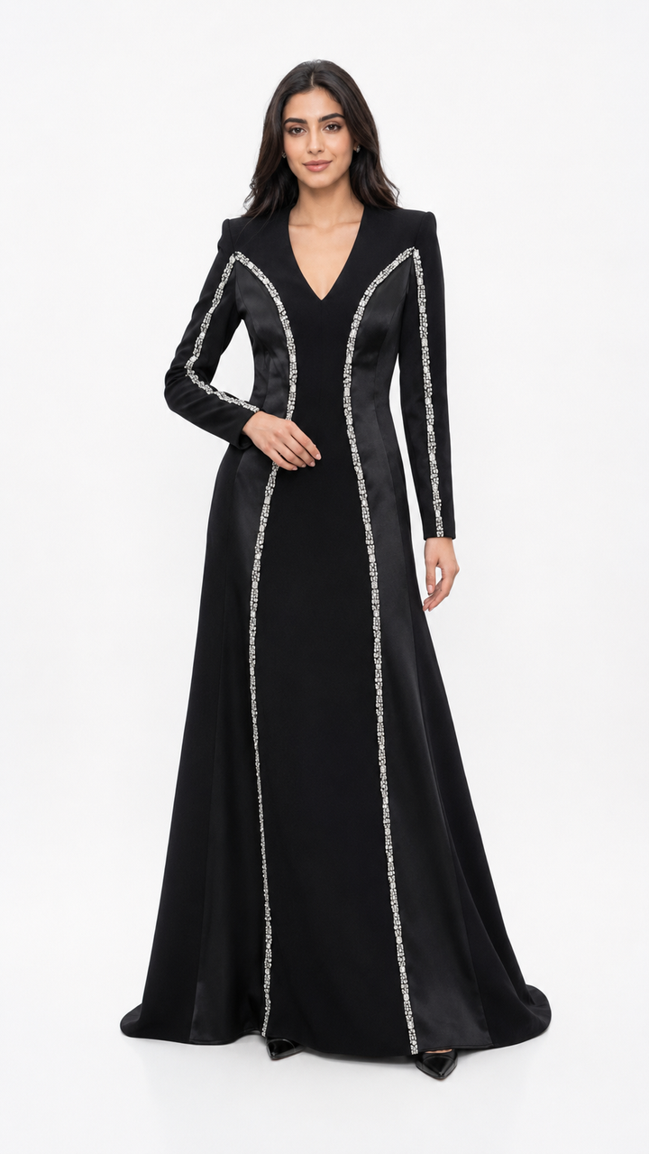 Black Crystal Trim V-Neck Mermaid Evening Dress – VIRE