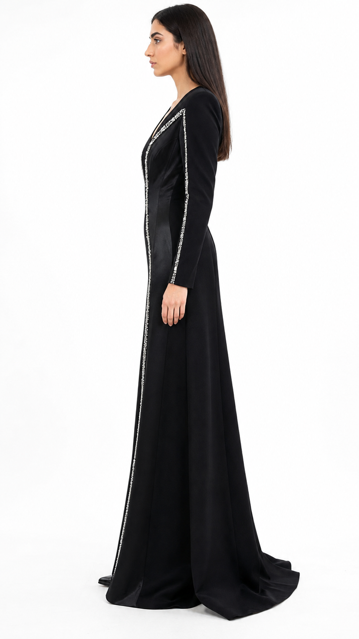 Black Crystal Trim V-Neck Mermaid Evening Dress – VIRE