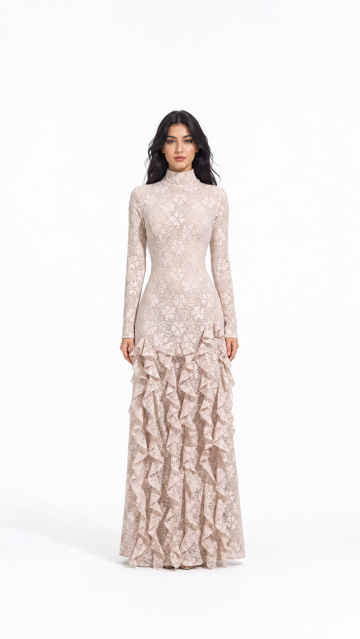 Beige Lace Ruffle Maxi Evening Dress – VERLA