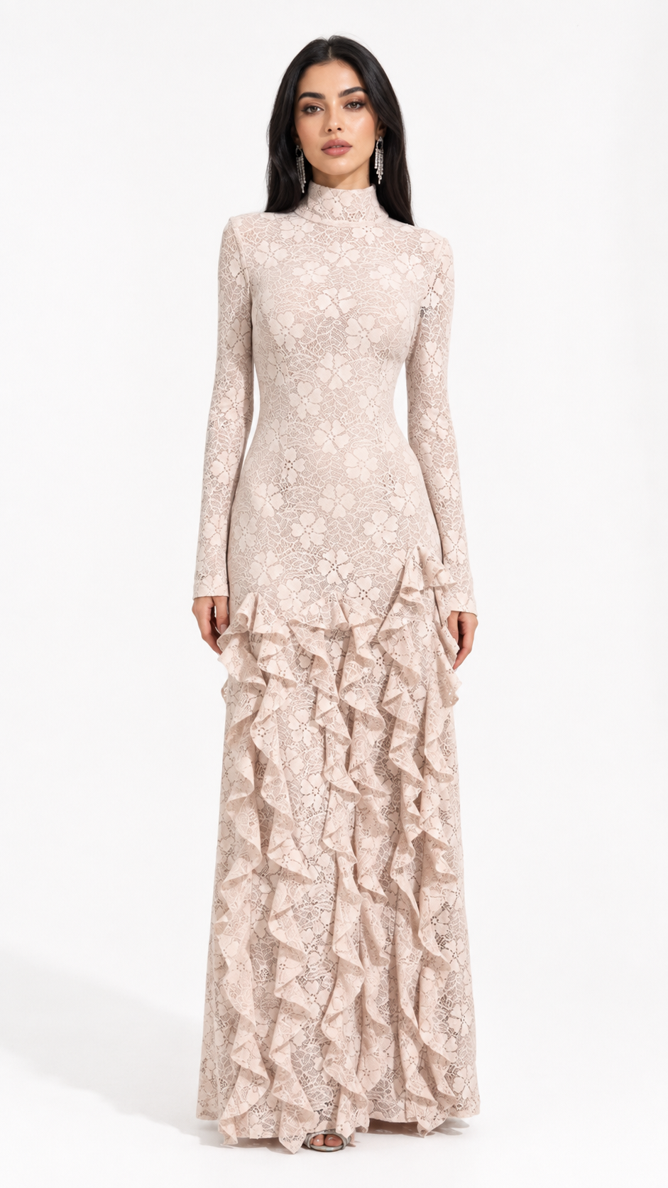 Beige Lace Ruffle Maxi Evening Dress – VERLA