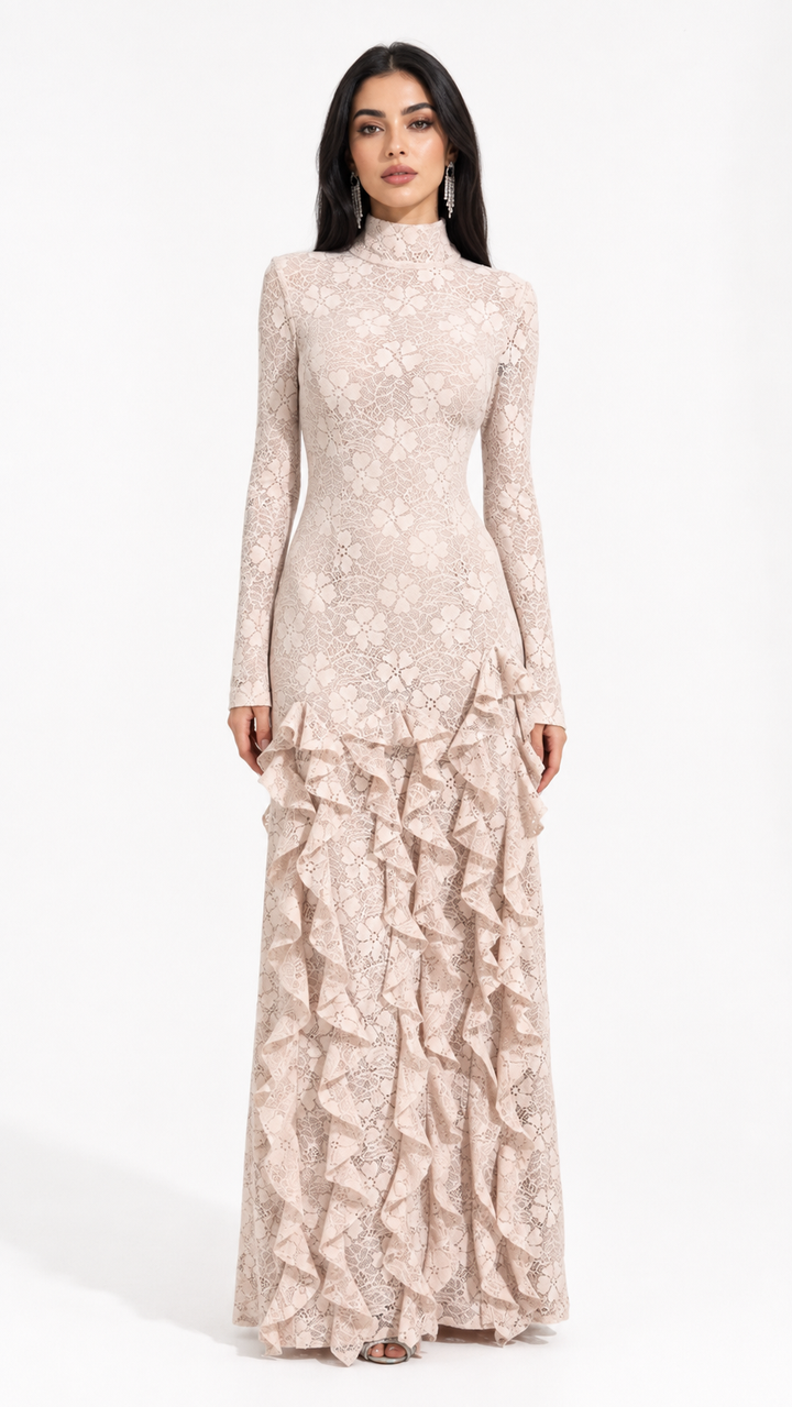Beige Lace Ruffle Maxi Evening Dress – VERLA