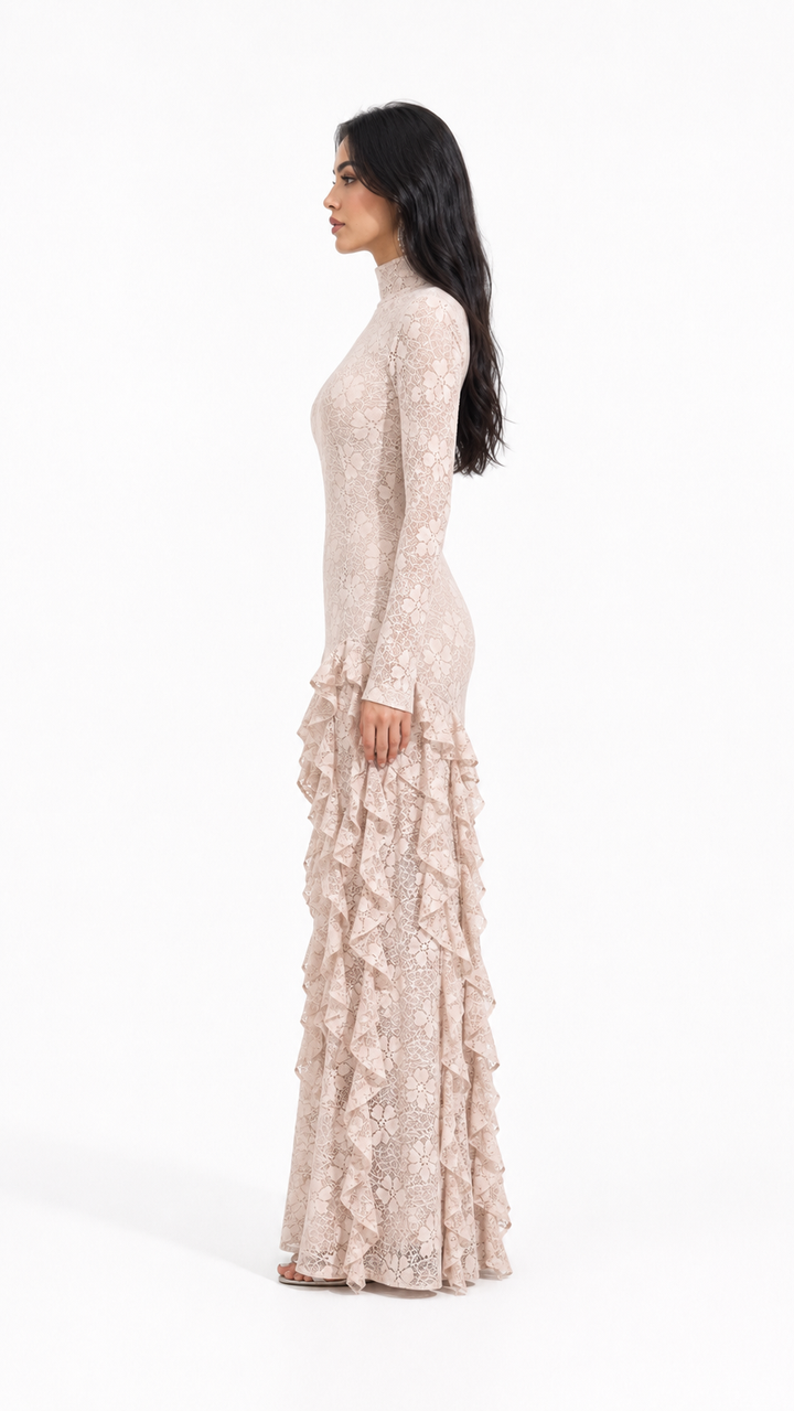Beige Lace Ruffle Maxi Evening Dress – VERLA