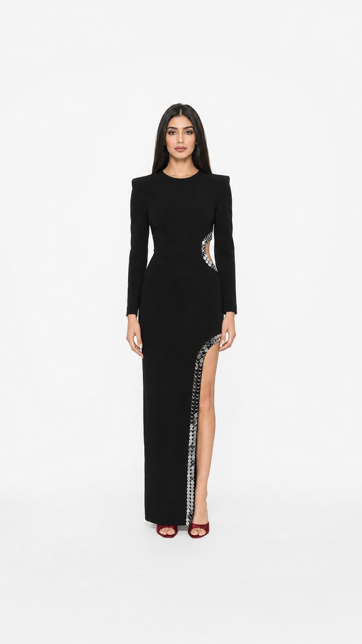 Black Crystal Cutout High Slit Evening Dress – ELVIRE