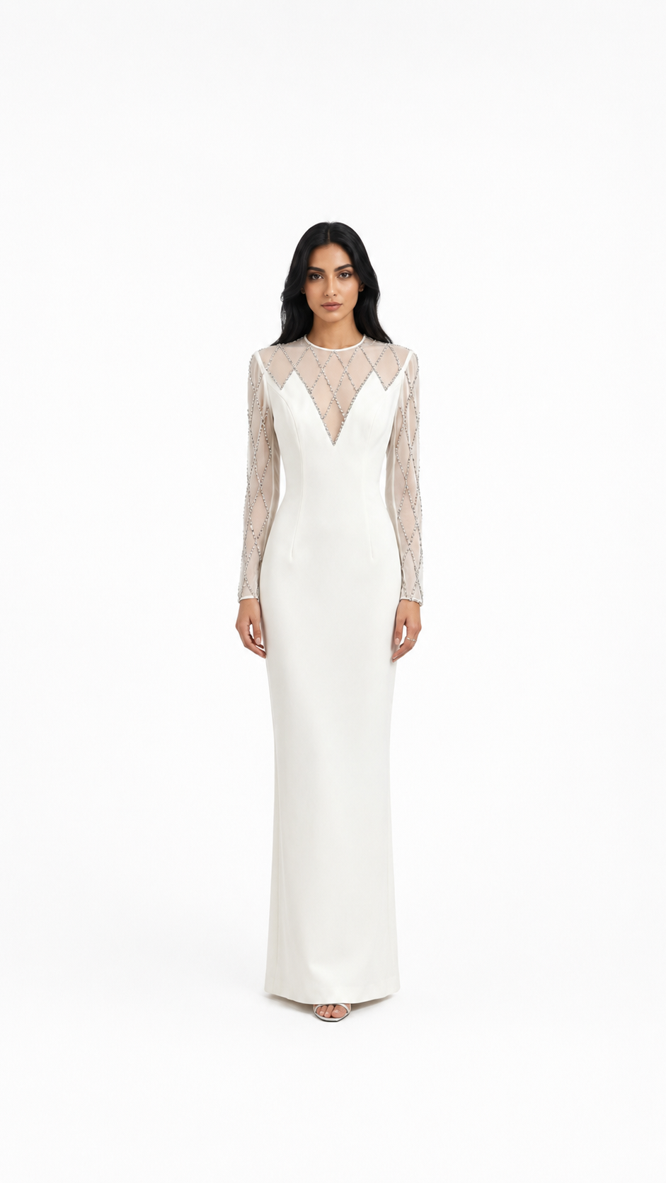 White Crystal Illusion Neck Maxi Evening Dress – ARLESA