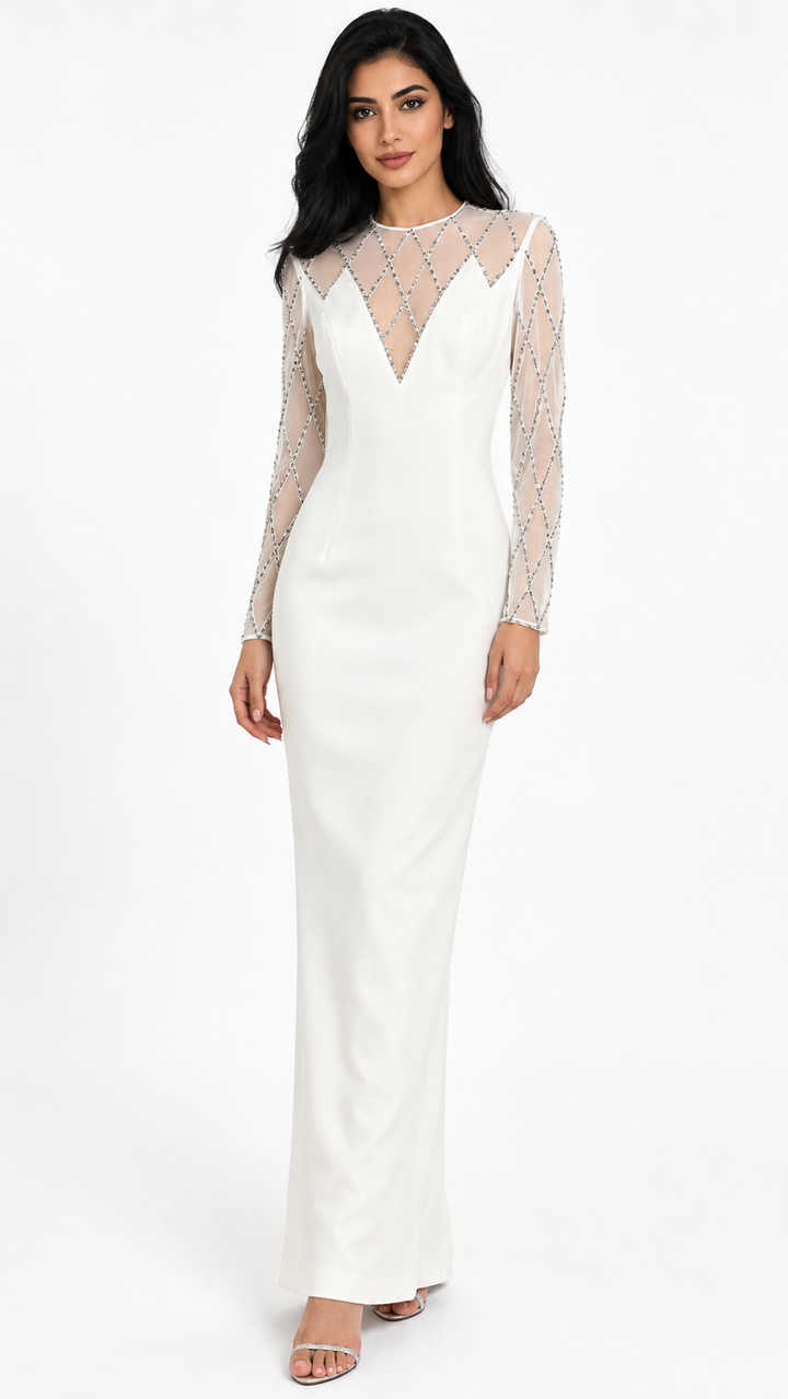 White Crystal Illusion Neck Maxi Evening Dress – ARLESA