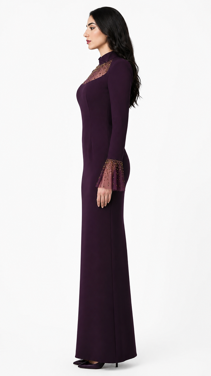 Plum Embellished Illusion Neck Maxi Dress – VIRLA