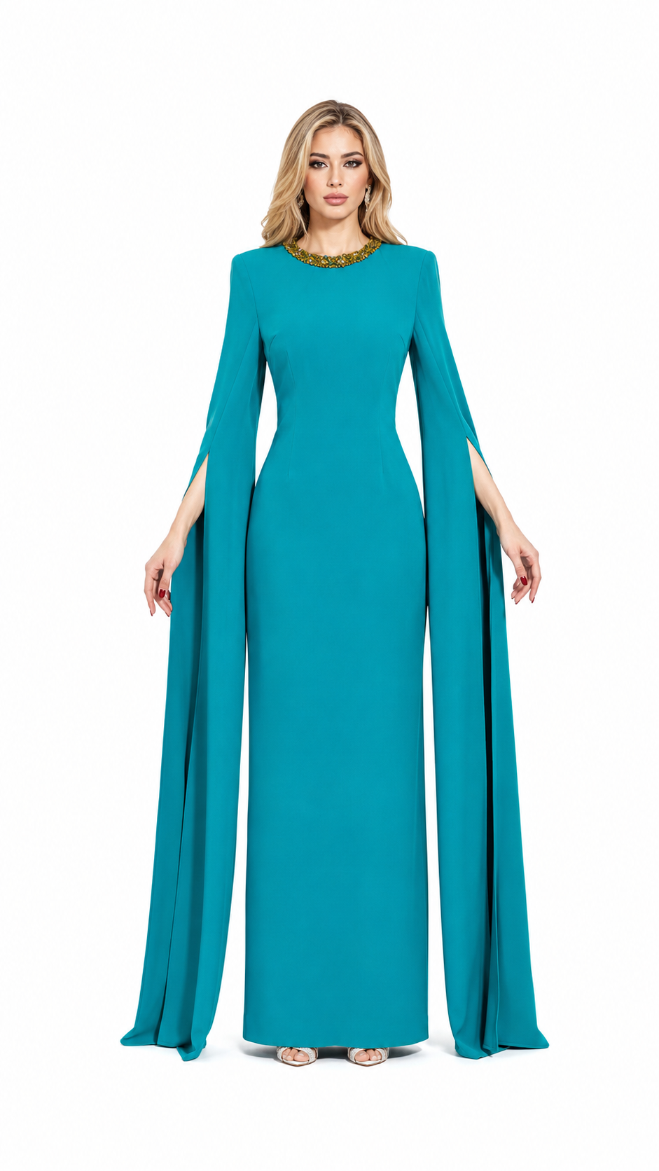 Teal Beaded Neck Cape Sleeve Maxi Dress – ALSIE