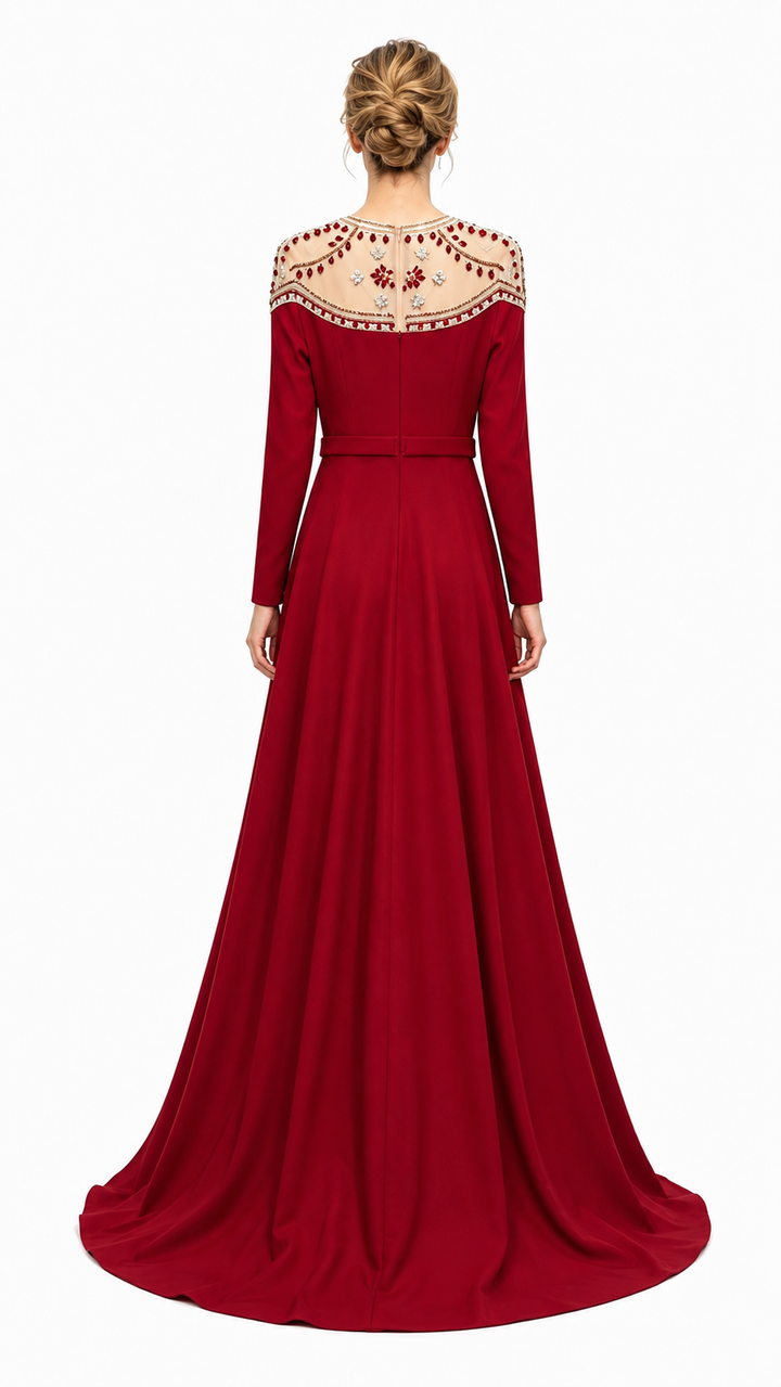 Burgundy Embellished Yoke Maxi Evening Dress – DERLA