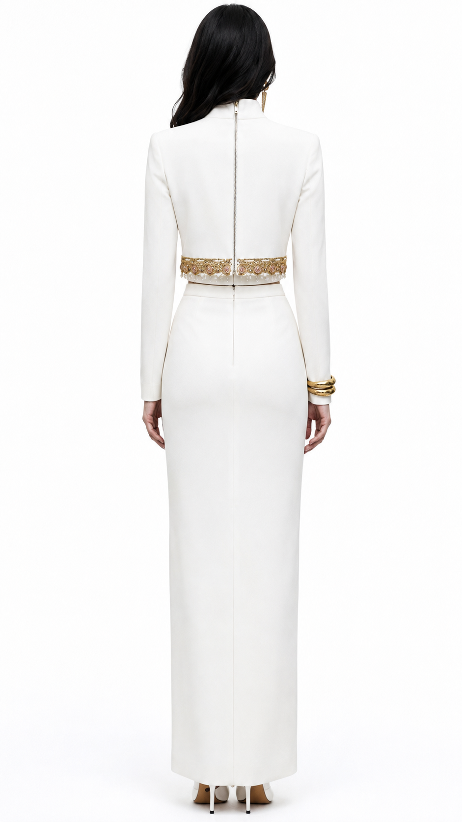 White Gold Embellished High Slit Maxi Dress – SORINA