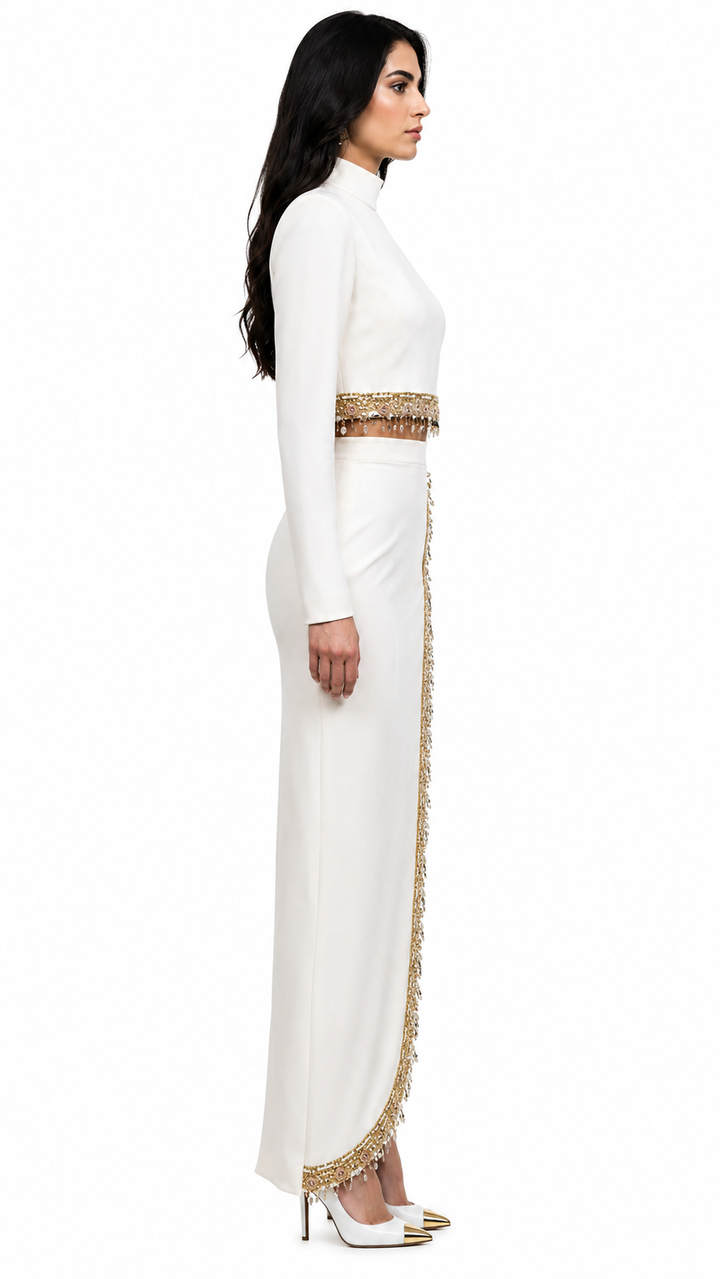 White Gold Embellished High Slit Maxi Dress – SORINA