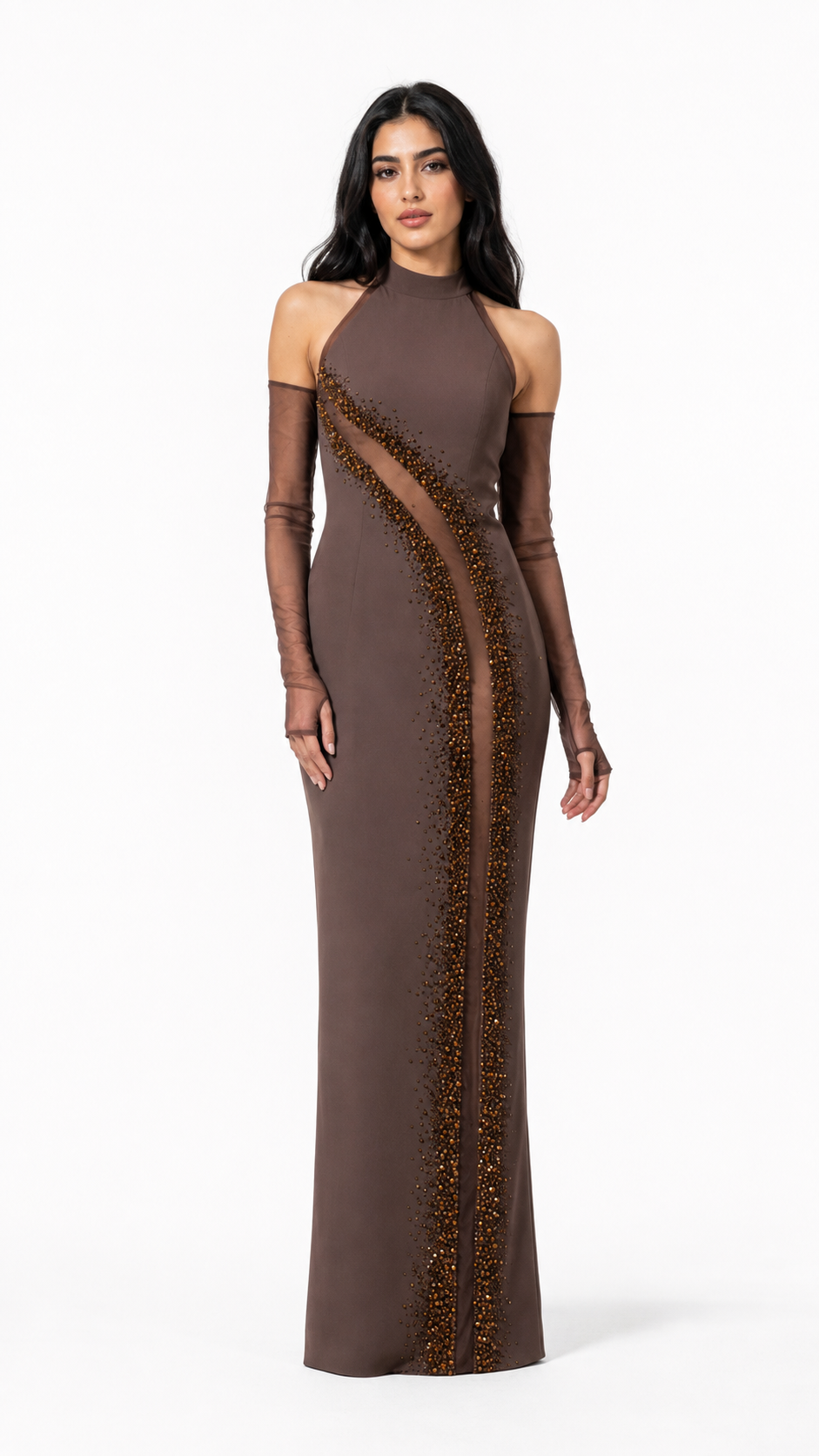 Mocha Beaded Cutout Halter Maxi Dress – SOLVA