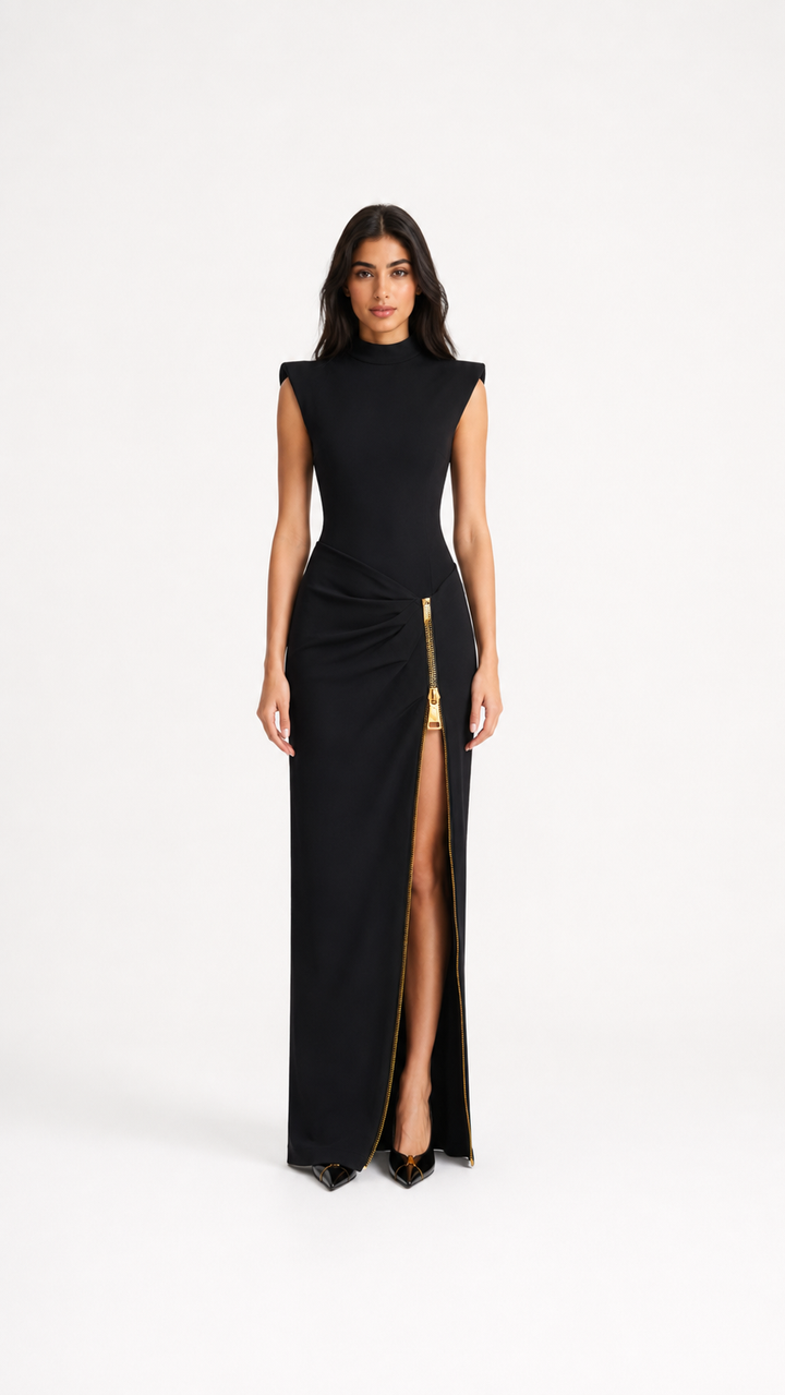 Black Gold Zip High Slit Maxi Dress – NOVARA