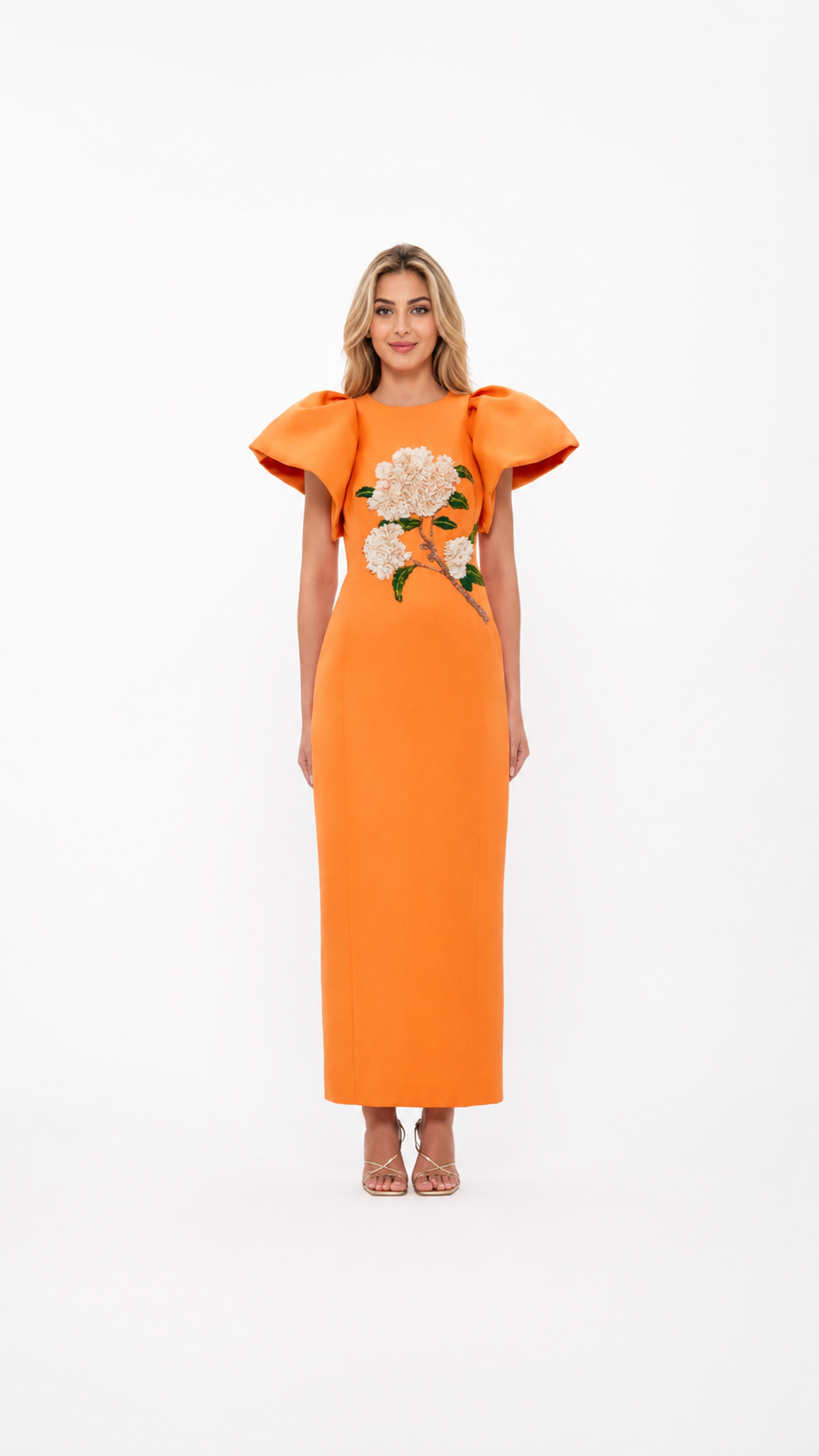 Orange Floral Appliqué Statement Sleeve Dress – VIRELLE
