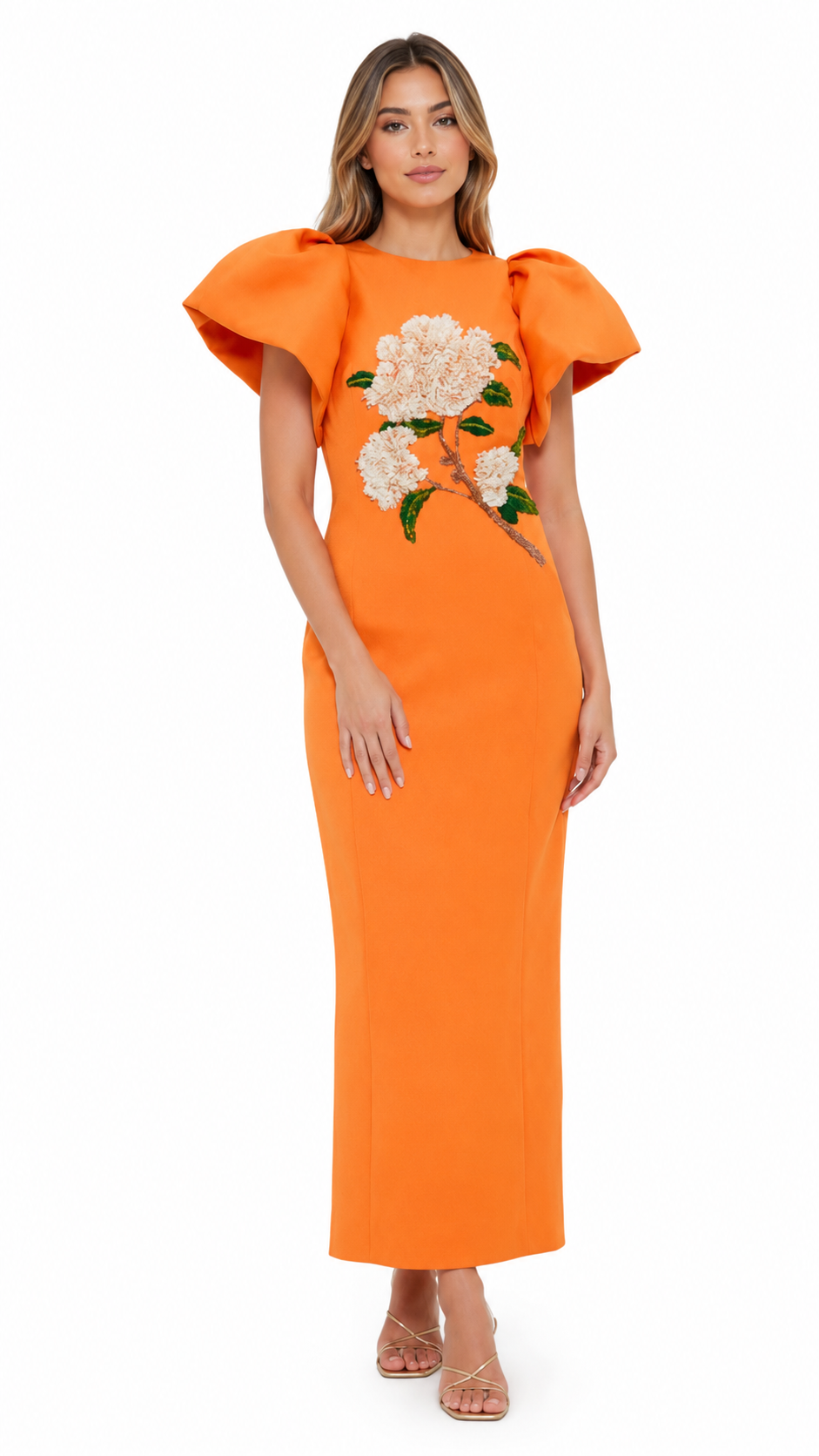 Orange Floral Appliqué Statement Sleeve Dress – VIRELLE
